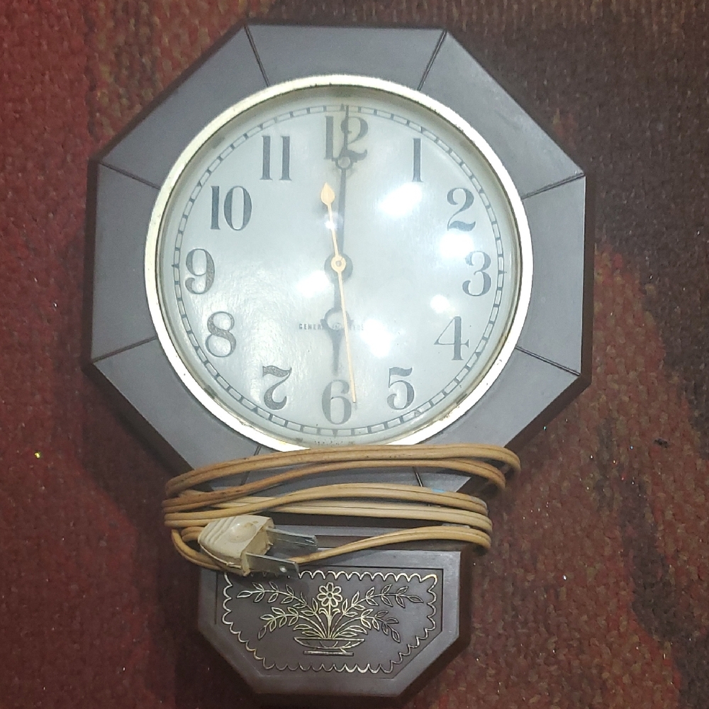 General Electric Brown Octagonal Wall Clock with Floral Accent
